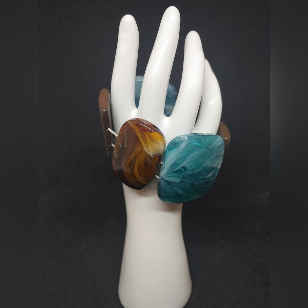 Stretch Panel Linked Bracelet Teal & Brown Marble… - image 1